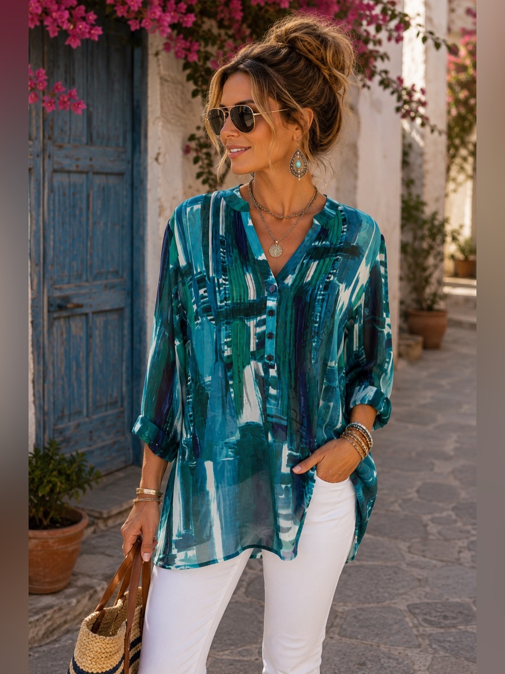 Nicole Miller New York Sheer Blouse XL | Teal Blue Abstract Print V-Neck Top